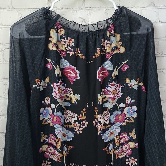 Sophie Max Black Floral Sheer Lined Mini Dress XS Long Sleeve Bohemian Western - Picture 12 of 12